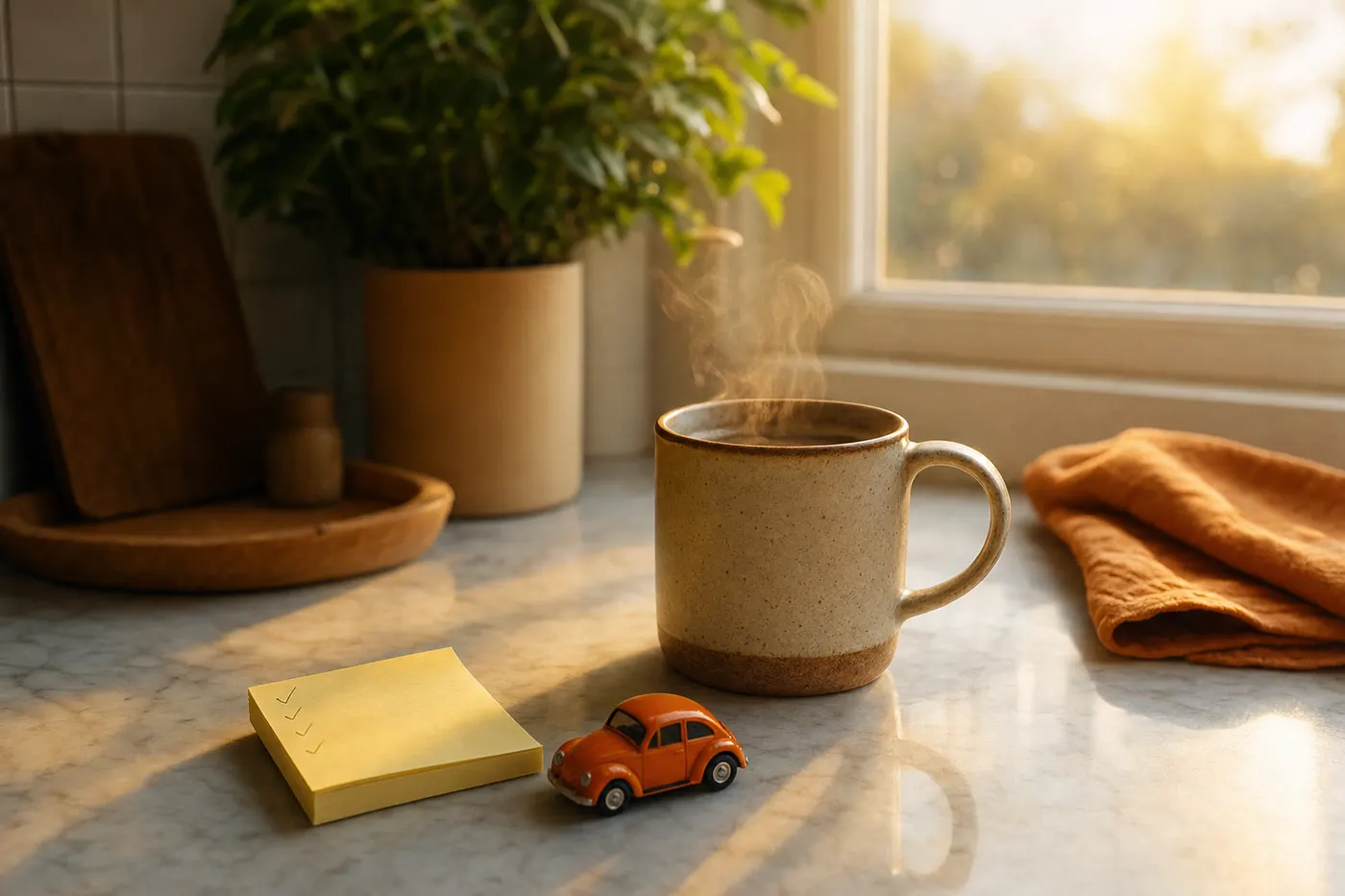 A steaming mug of coffee on a sunny kitchen counter beside a sticky note and a toy car