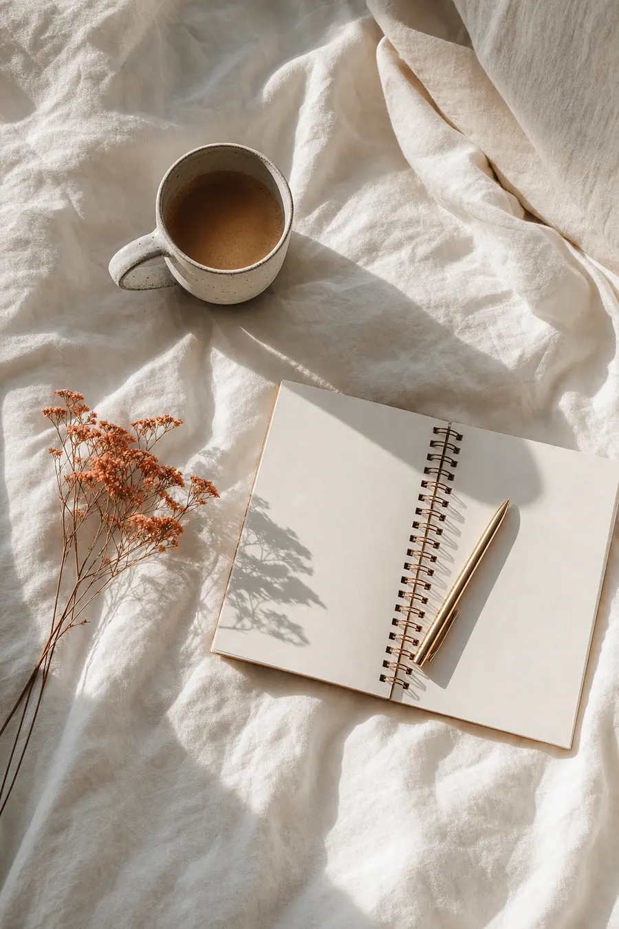 Morning coffee and an open journal on soft white linen